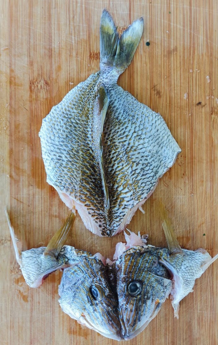 Whole fish butterflied on a wooden board
